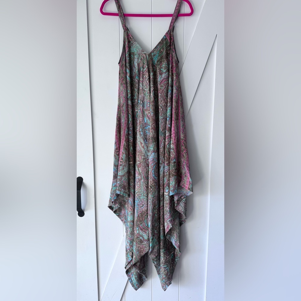 Flowy Paisley Handkerchief Hem Summer Jumpsuit- Pink & Teal - Free Size